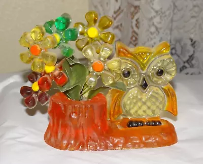 Vintage MCM Mid-Century Lucite Owl On A Stump & Flowers Leaves READ Damaged • $24