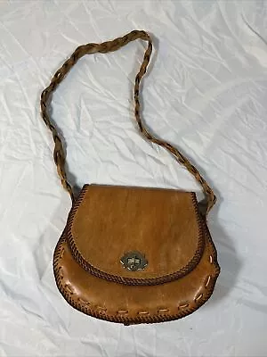 Vintage LEATHER PURSE Latch Saddlebag Braided Shoulder Strap Boho • $12.99