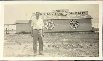 Circa 1930s Man @ Pixley CA Standard Oil Red Crown & Zerolene Signs On Buildin • $6.75