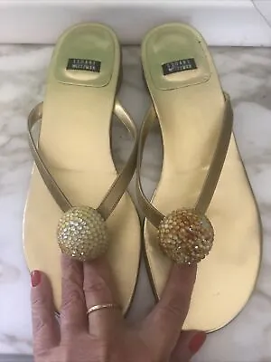 Stuart Weizmann Women's Gold Crystal Bling Button Thong Leather Vintage Sandal 8 • $34