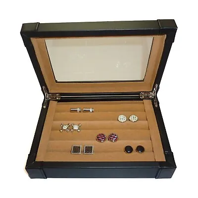 Black Leather Cufflink & Ring Storage Display Case Cuff Links Mens Jewelry Box • $39.99