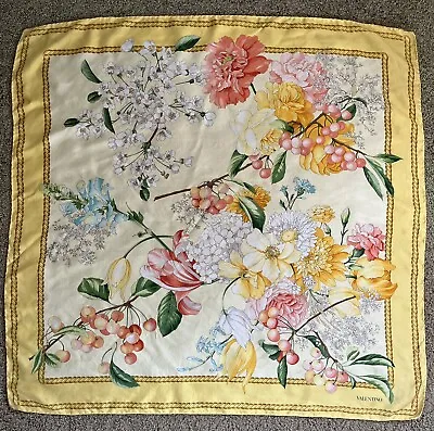 Vintage VALENTINO Silk Scarf Hand Rolled 34” Yellow Red White Floral • £77.20