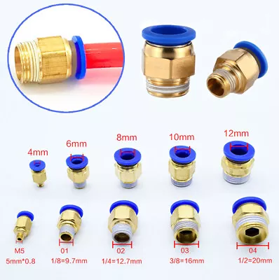 Pneumatic Brass Push In Fittings Straight Male Stud Hose Tube Inline Connectors • $2.62