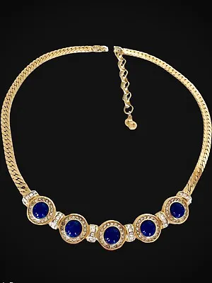 $250 • Buy Christian Dior Vintage  Gold Plate Glass Lapis Lazuli Rhinestone Necklace