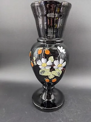 Antique Victorian Bristol Black Amethyst Glass Hand Painted Vase 12 1/4'' • $40