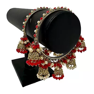 Traditional Indian Red Color Metal 2 Bangles With Jhumki Churiyan Set • $13.99