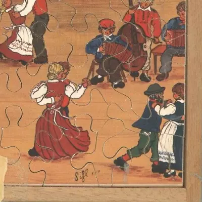 SIGNED VTG Penelope Swiss Wooden Puzzle 50 Pieces No 5406 People Dancing • $99.99