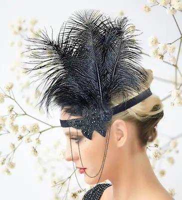 1920s Headband Rhinestone Black Feather Headpiece Flapper Headband Show Girl • $9.99