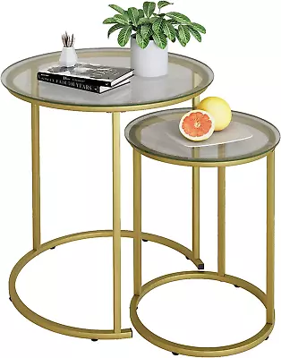 Nesting Coffee Table Set Of 2Modern Gold Tempered Glass Side Table Metal Frame • $72.99