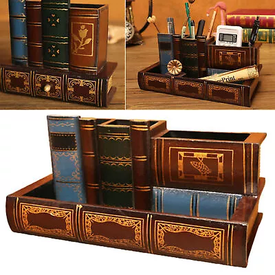 Retro Wood Pen Holder Book Shape Desk Organizer For Stationery Office Decor Box • $23.99