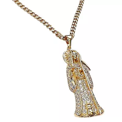 Mens La Santa Muerte CZ Pendant Gold Plated Stainless Steel Cuban Link Chain 24  • $26.95