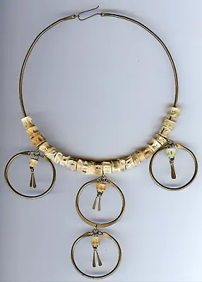 Unique Vintage 1970's Brass & Fish Vertebrae Beads Dangle Hoops Choker Necklace • $165