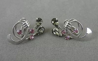 Van Dell Vintage Pink Green Rhinestones Sterling Silver Screw On Back Earrings • $39.20