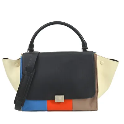 Auth CELINE Trapeze Handbag Shoulder Bag Black/Multicolor Leather/Wool - E57498f • $612