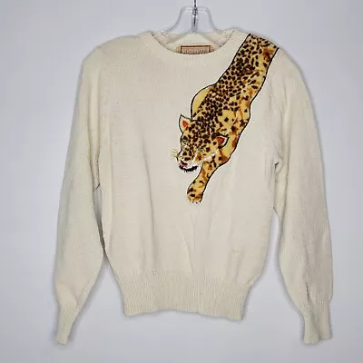 Vintage DD Sloane Womens Medium (Small) Knitted White Faux Fur Leopard Sweater  • $59.99