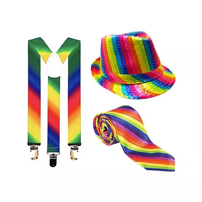 Adults Unisex Gay Pride Festival Rainbow Braces Tie Hat Lgbt Fancy Dress Party • £3.49