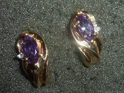 10k Solid Yellow Gold Marquise-cut Amethyst & Diamond Accented Stud Earrings • $83.49