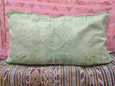 Moroccan Sabra Cactus Silk Lumbar Cushion Cover Green Stone Pillow Faded Washed • $69