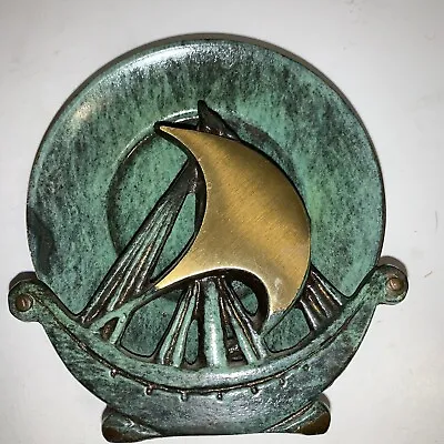 Vintage Dayagi Cast Metal Sailboat Coasters(6) Holder-Teal & Gold Made In Israel • $50