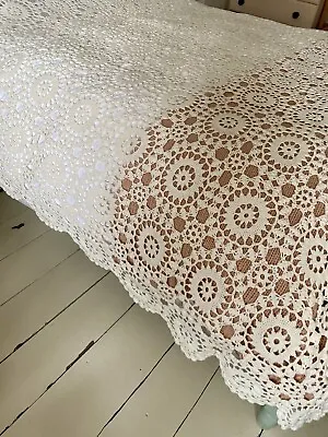 RARE Large Vintage Cream Cotton Crochet Tablecloth HAND WORKED Bedspread  Decor • $65.22