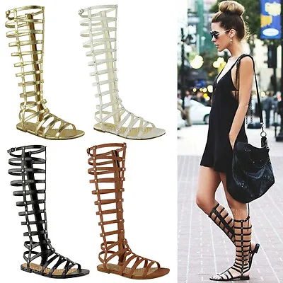 Ladies Womens Cut Out Gladiator Sandals Flat Knee Boots Strappy Size • £24.95
