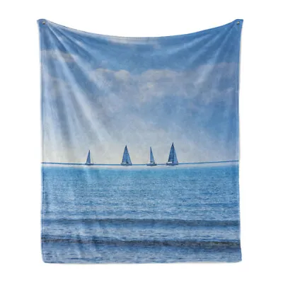 Nautical Soft Flannel Fleece Throw Blanket Sailing Boat On Ocean • £42.99