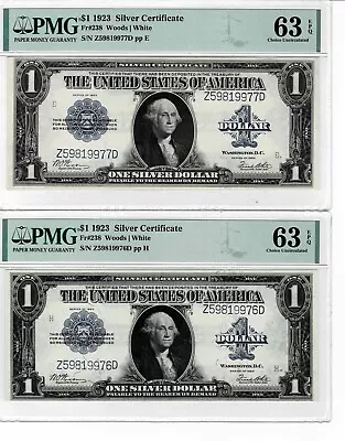 1923 $1 SILVER CERTIFICATE NOTES- Fr.238 (2) CONSECUTIVE NOTES-- PMG 63 EPQ • $795