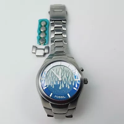 Fossil Big Tic JR-8222 Blue Flame Fire Animated Dial Watch Stainless RARE 42mm • $279.99