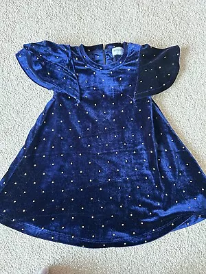 Girls Stunning Blue Velvet Gold Stud Minoti Dress Age 9-12 Months • £5