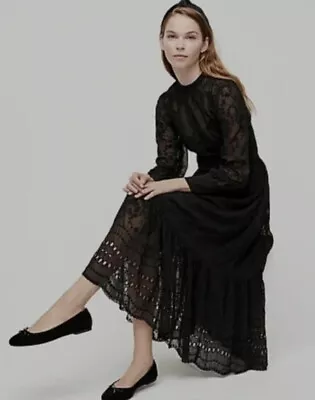 NWT J Crew Sz 8 Midi Maxi Tiered Black Eyelet Lace Long Sleeve Cottage Dress • $111.96