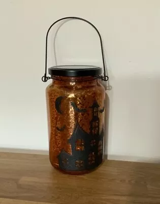 Glass Jar LED Halloween Lantern Orange Mason Haunted House Bats Moon Glitter • £8.95