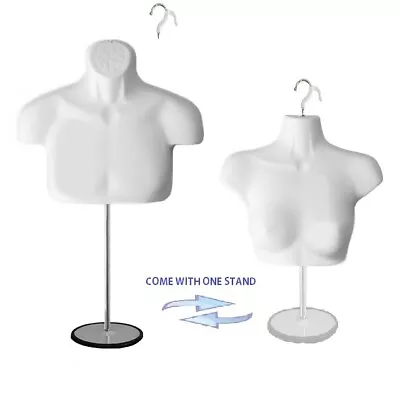 A Set Of Male & Female Mannequin Torso Body Forms White W/ 2 Hangers & 1 Stand  • $64.85