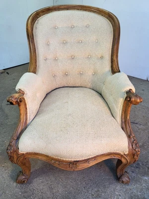 £295 • Buy Antique Victorian Cream Serpentine Button Back Parlour Armchair Carved Castors