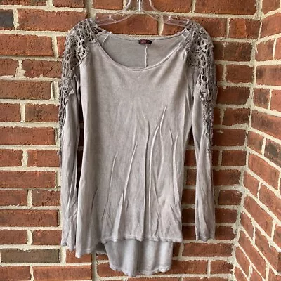 T Party Fashion Shirt Top Taupe Semi Sheer Tunic Crochet Sleeves Size Small • $24.99