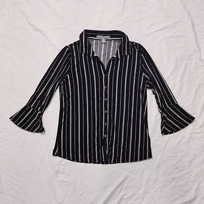 By Design Womens Black White Striped Satin Bell Sleeve Button Down Shirt Medium  • $14.99