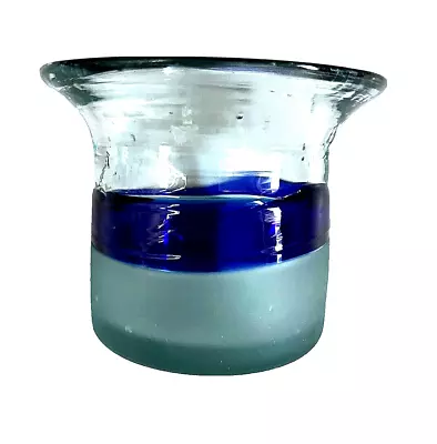 Mexican Hand Blown Art Glass Votive Tea Light Candle Holder W. Blue Band • $7.95