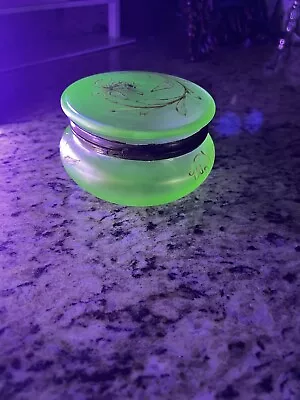 Vintage Green Uranium Vaseline Glass Round Powder Container  Makeup • $55