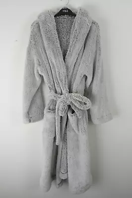 Marks & Spencer Dressing Gown Size L Grey Marl Faux Fur Long Hooded Tie Used F2 • £9.99