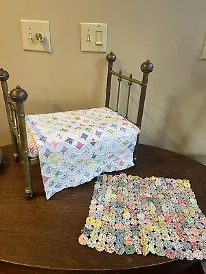 Antique Salesman Sample Fancy Brass Doll Bed Mattress 2 Handmade Quilts AMAZING • $275