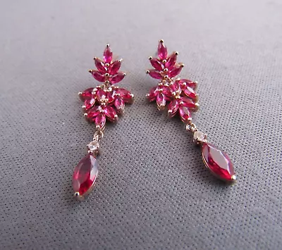Vintage Paj Gilted Rose Gold Sterling Spinel Ruby Marquise Pierced Earrings • $39.99