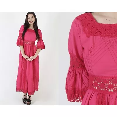 Magenta Bell Slv Mexican Dress Crochet Lace Vtg Quinceanera Pintuck Maxi Dress • $97