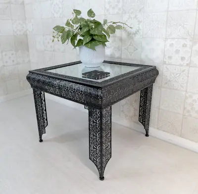 £75 • Buy Black Side Table Embossed Moroccan Style Metal Glass (GZ438)