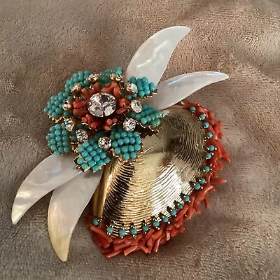 Lawrence Vrba Gold Shell Brooch/Pin Turquoise Coral Rhinestones Signed • $399.99