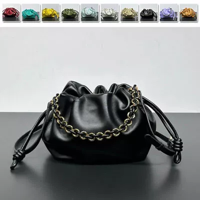 Small Ruched Real Leather Purse Drawstring Bucket Pouch Clutch Crossbody Fashion • $99