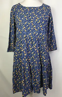 Mantaray Blue Yellow Floral Cotton Knee Length Shift Dress 3/4 Sleeve UK12 E1444 • £9