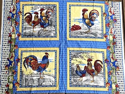 Vintage French Country Blue Yellow Rooster Fabric Panels Fabri Quilt Chicken Hen • $17.99