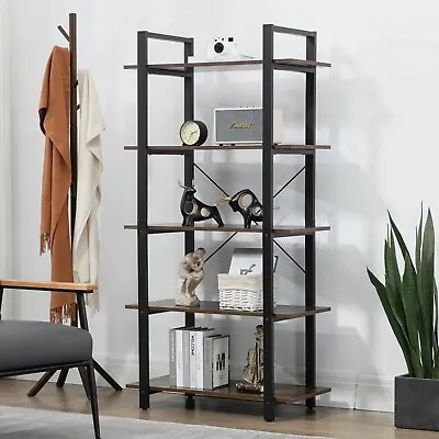 5 Tier Rustic Brown Shelf Wood And Metal Bookcase Vintage Industrial Bookshelf • $119.99