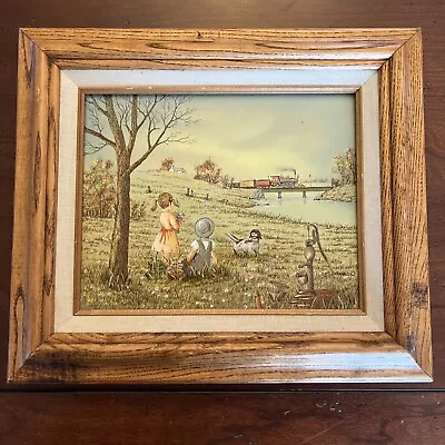 C.Carson Framed Framed Original Signed Oil Painting 2 Children And Train 8x10 • $69.99