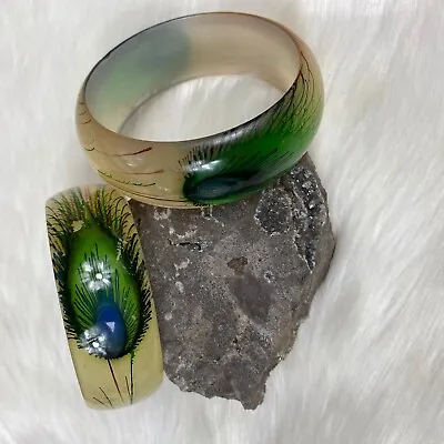 Pair Of Vintage Hand Painted Peacock Lucite Bangles • $22