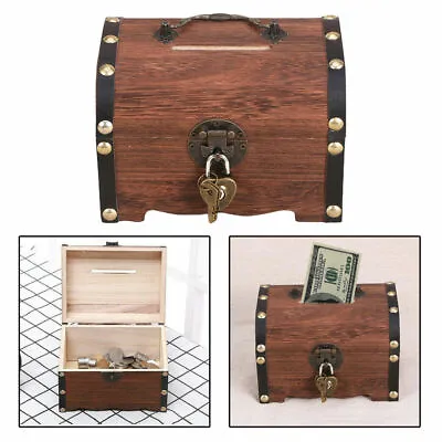 Wooden Treasure Chest Retro Money Storage Box Case Coin Piggy Bank Organizer • $13.99